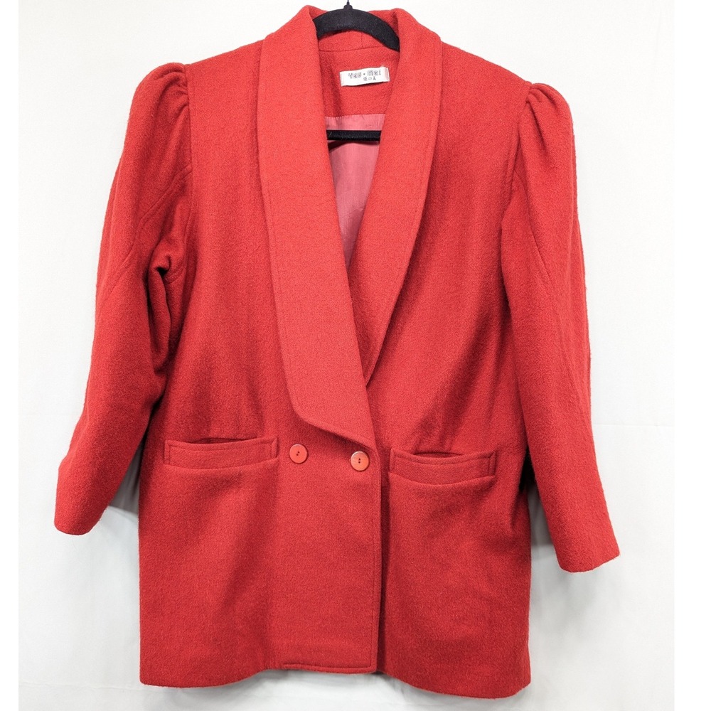 Vintage Red Blazer Puff‎ Shoulder Shawl Collar Double Breasted Pockets
